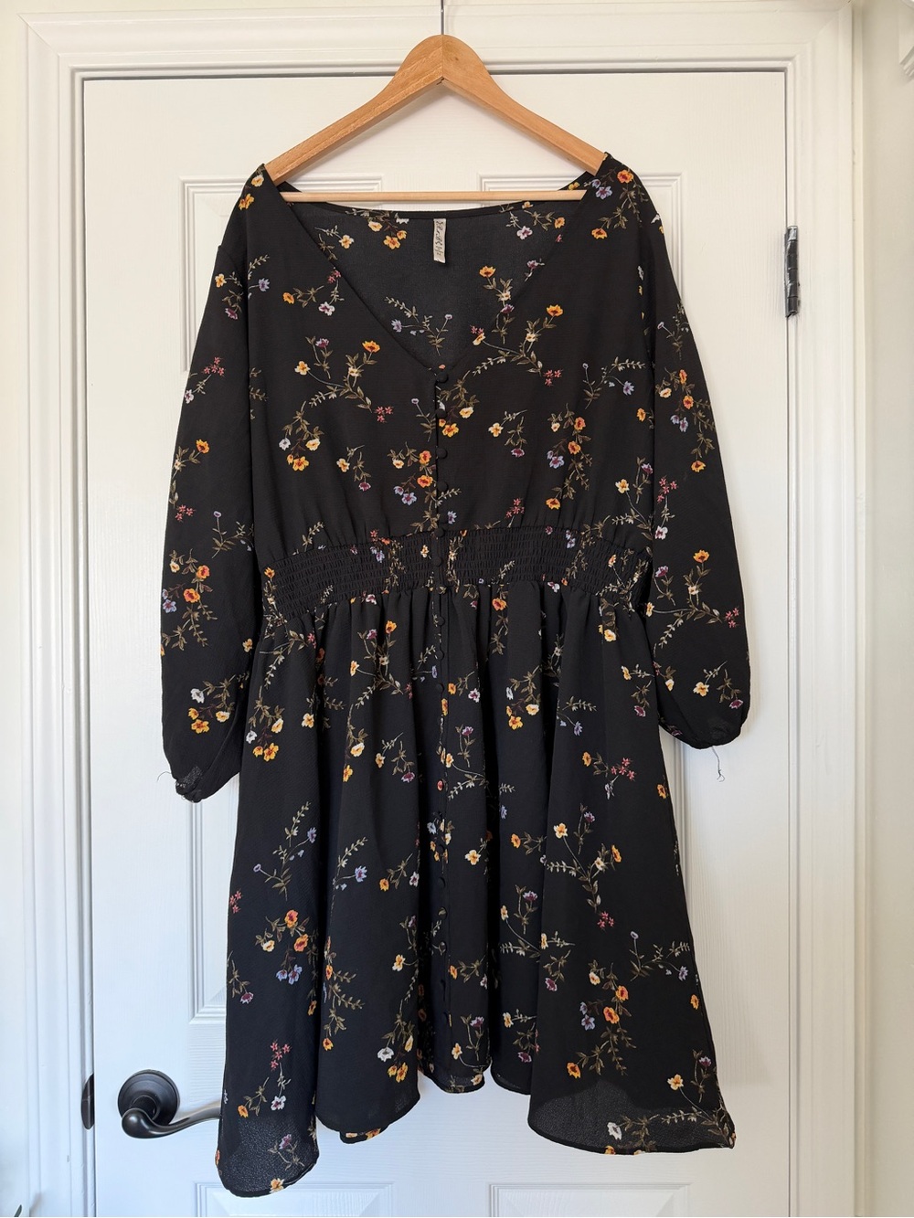 Black Floral Long-Sleeve Button Up Smocked Waist Dress